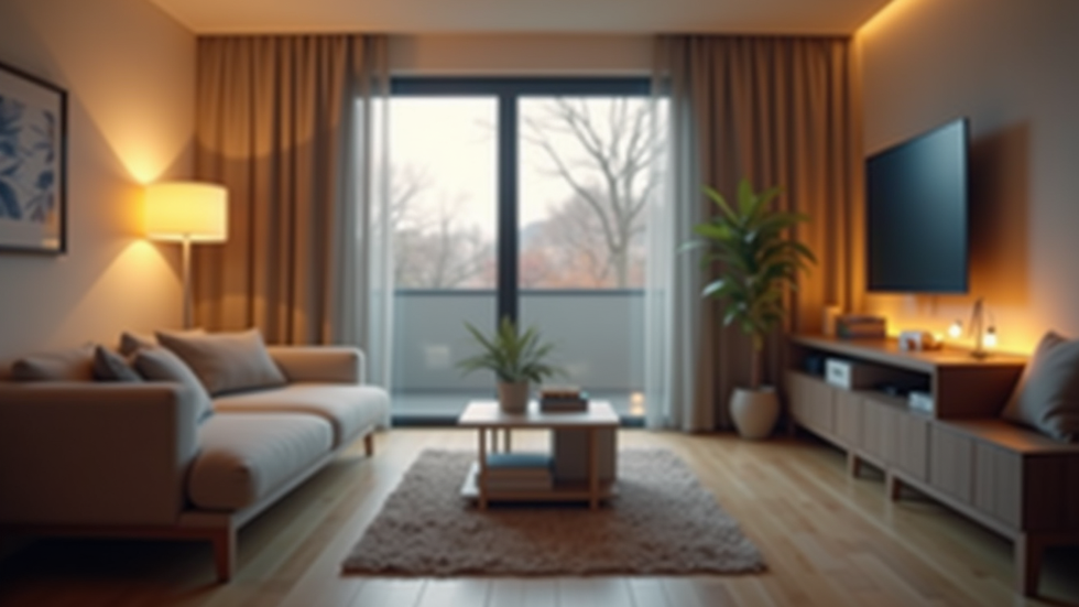Eye-level view of a modern living room with smart lighting and thermostat