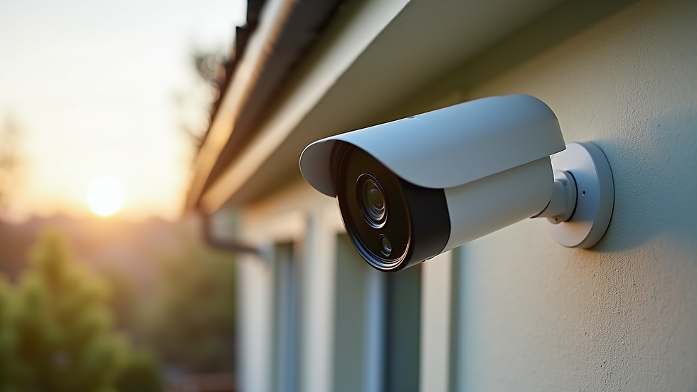 Close-up view of a smart security camera mounted on a house exterior