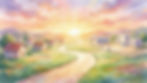 Watercolor village landscape with winding path at sunrise