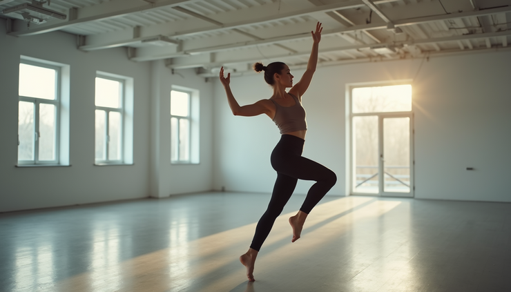 High angle view of a solo dancer practicing expressive movements in a spacious studio