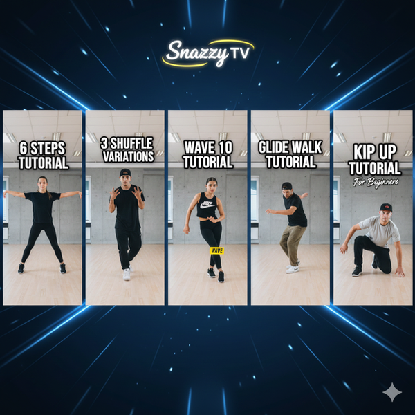 Promotional banner (16:9) for a dance tutorial series titled "Snazzy TV." The layout features five v