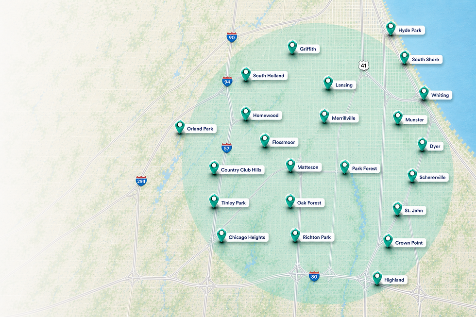 Map of cleaning service areas in Chicago South Side suburbs and Northwest Indiana