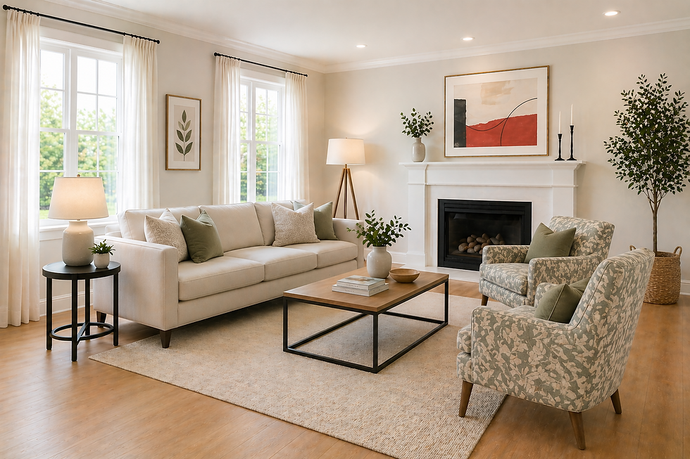 Clean living room with sofa and fireplace