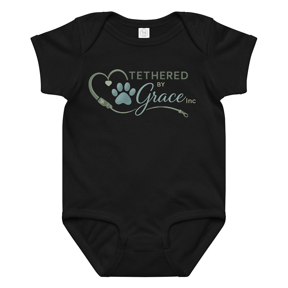 Black infant onesie with Tethered by Grace logo.