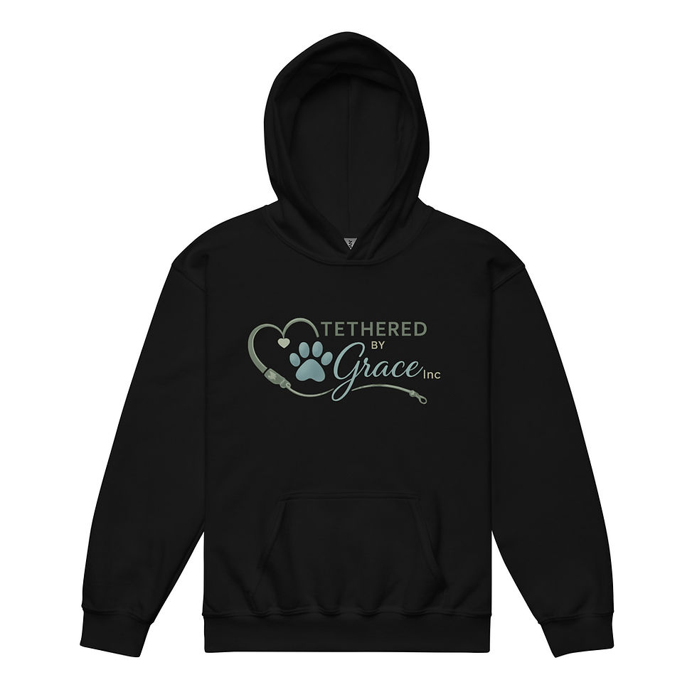 Black Youth Hoodie Sweatshirt with Tethered by Grace Inc logo
