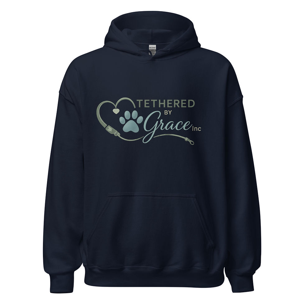 Navy Gildan Hooded Sweatshirt with Tethered by Grace Inc. logo