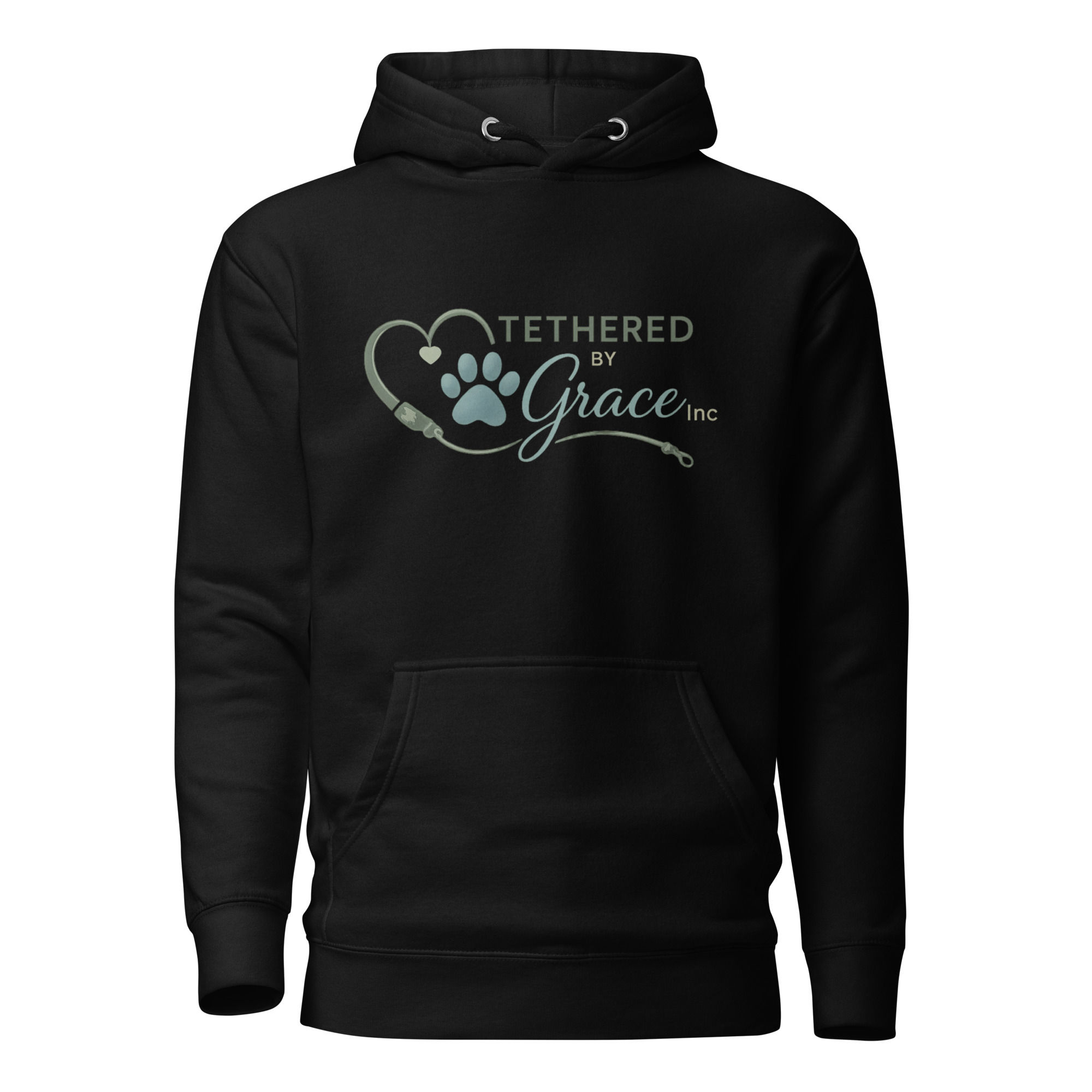 Black Premium Tethered by Grace Inc. Hoodie with logo