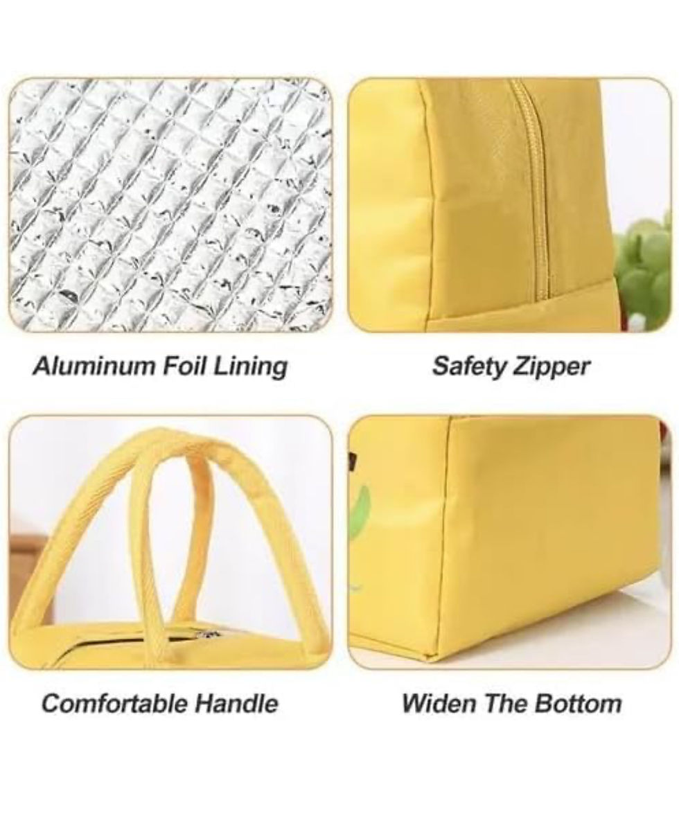 Thumbnail: Yellow lunch bag details: aluminum foil lining, safety zipper, comfortable handle, widened bottom