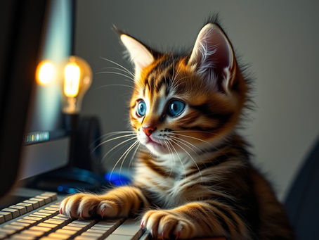 Ai-generated image of kitten having a great idea at work.
