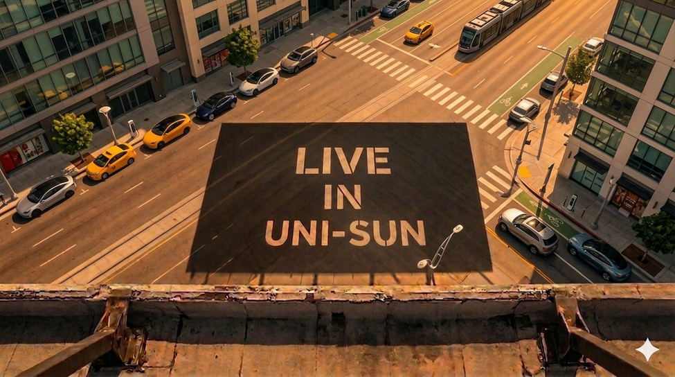 A high-angle, top-down view from a rooftop looking over a modern city intersection during a bright, golden sunset. The long, rectangular shadow of an unseen billboard is cast perfectly across the center of the street.
Within the dark shadow, the phrase "LIVE IN UNI-SUN" is illuminated in bold, stencil-style lettering, created by the sunlight passing through the sign above. The surrounding streets feature clean crosswalks, a light rail train, and several cars—including a yellow taxi and parked electric vehicles—all glowing in the warm evening light. Modern glass buildings line the corners, casting their own long shadows across the pavement.