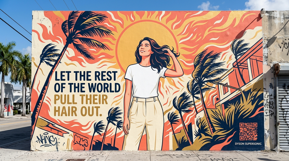 A bold graphic minimalist street art mural on a Miami city wall depicting a woman in casual linen clothing standing centered and unbothered amidst a swirling heat-filled landscape of dramatic palm trees and an oversized blazing sun. The mural reads "Let the rest of the world pull their hair out." A QR code in the bottom right corner is labeled "Dyson Supersonic." Part of the Dyson Supersonic "Some Things Are Certain" campaign.