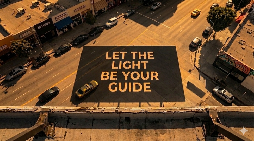 An aerial, high-angle view looking down from the edge of a rooftop onto a city intersection at golden hour. The long, sharp shadow of a large billboard is cast directly onto the asphalt of the street below.
Inside the dark rectangular shadow, the words "LET THE LIGHT BE YOUR GUIDE" are visible in large, bold, sans-serif block letters, appearing as if the light is shining through stenciled cutouts on the billboard above. A yellow taxi and other cars drive through and around the shadow. The entire scene is drenched in warm, amber sunlight, with the surrounding buildings and storefronts casting long shadows across the pavement.