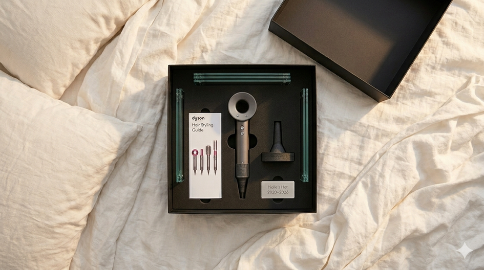 An overhead shot of an open, matte black Dyson gift box resting on rumpled white linen bedding. The interior features custom foam inserts holding a grey Dyson hair dryer, a styling attachment, a "Hair Styling Guide" booklet, and glass panels for a display case. A small silver plaque in the bottom right corner is engraved with the text "Halla's Hat 2020–2026." The scene is illuminated by warm, natural sunlight casting soft shadows across the box and fabric.