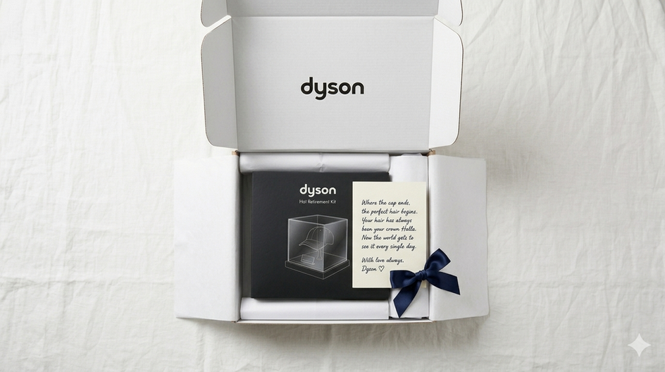 A top-down photograph of an open white cardboard box revealing a Dyson-branded hat retirement kit. Inside is a black square package with a white drawing of a baseball cap in a clear display case and the text ‘Hat Retirement Kit’ and a smaller Dyson logo. Adjacent is a small, off-white card with cursive handwritten text that reads, ‘Where the cap ends, the perfect hair begins. Your hair has always been your crown Halla. Now the world gets to see it every single day. With love always, Dycon’ along with a small heart. A dark blue ribbon bow is placed below the card.