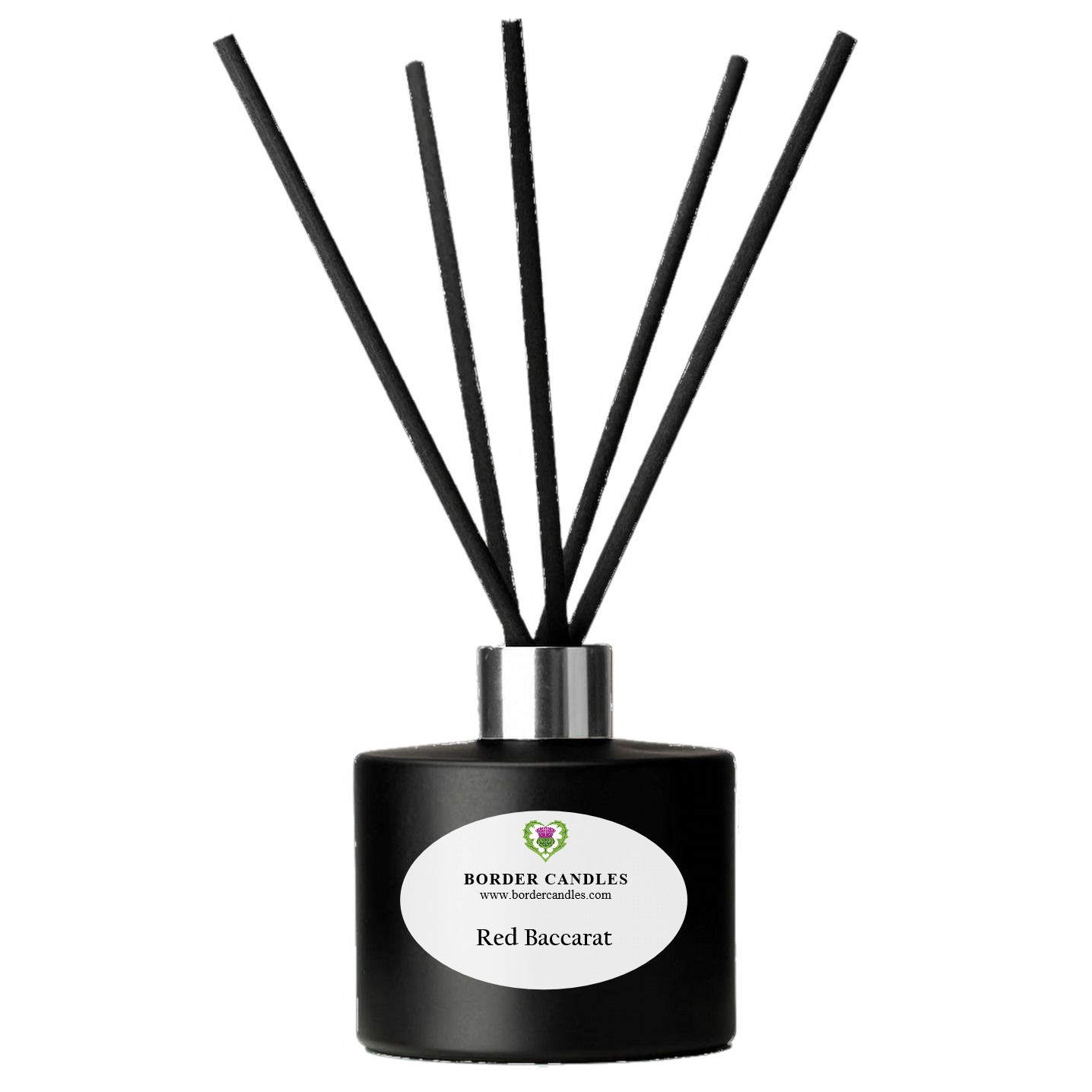 Black Diffuser Bottle With Silver Top And Black Wooden Reeds With Red Baccarat Label On Front