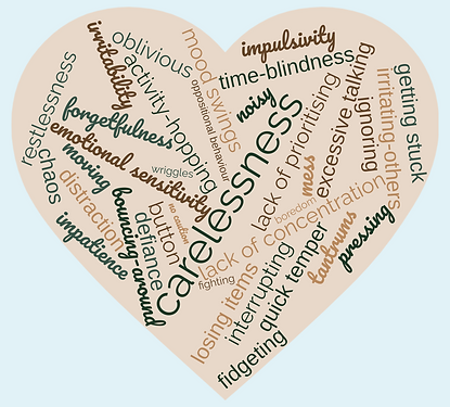 Love heart filled with words explaining the struggles of ADHD