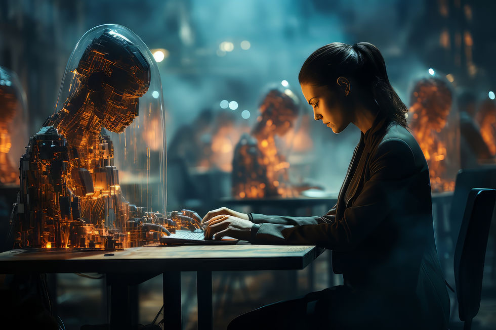 A woman seated and typing something on a desk with a virtual mirror of herself typing on the other end of the keyboard