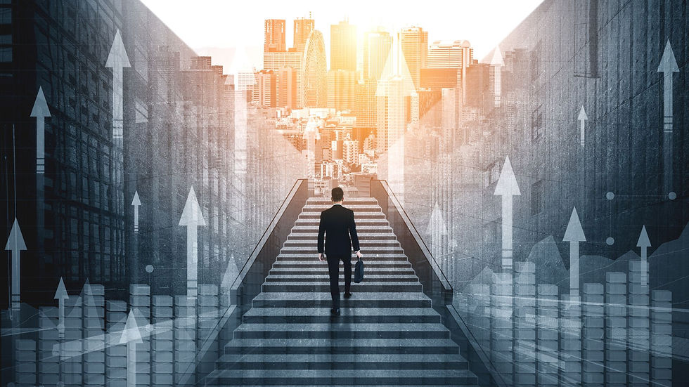 A man going up a flight of stairs while holding a brief case