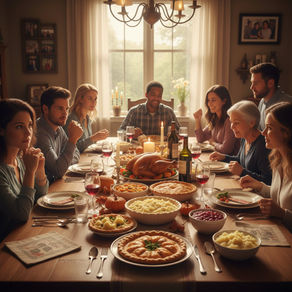     A family gathers around a beautifully set dinner table, enjoying a festive meal with roasted turkey, mashed potatoes, and an array of delicious holiday dishes, surrounded by warm candlelight and heartfelt conversations.