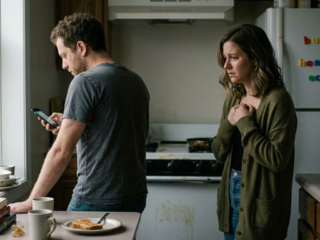 A tense morning unfolds in the kitchen as a man distractedly checks his phone, while a woman across from him exhibits a look of concern and contemplation.