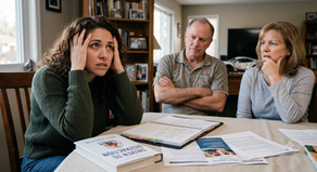 A woman shows signs of frustration during a discussion, while an older man and woman listens with concern. They are surrounded by open notebooks and brochures, suggesting an intense conversation or planning session.