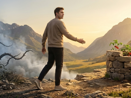 A man stands at the edge of a scenic mountain trail, surrounded by the serene beauty of a valley at sunset, reaching toward a small stone wall.