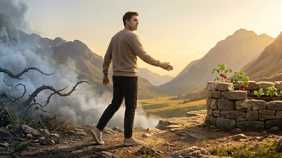 A man stands at the edge of a scenic mountain trail, surrounded by the serene beauty of a valley at sunset, reaching toward a small stone wall.