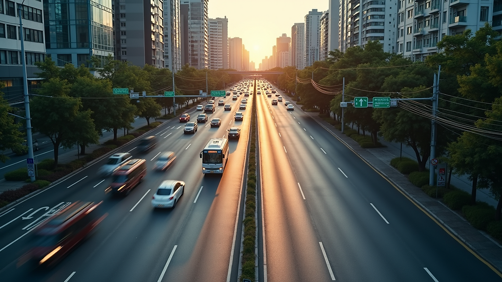 High angle view of a busy urban road with multiple routes
