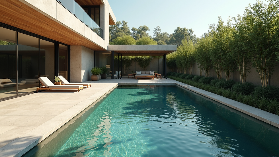 High angle view of a luxury property pool with eco-friendly design