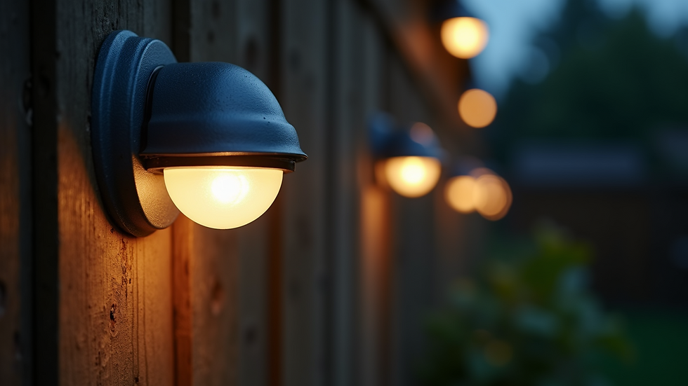 Close-up view of motion-activated lights installed in a backyard