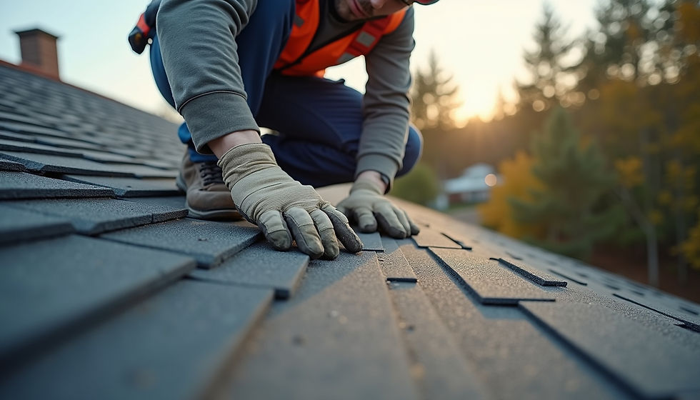 Eye-level view of a roofing contractor inspecting shingles on a residential roof