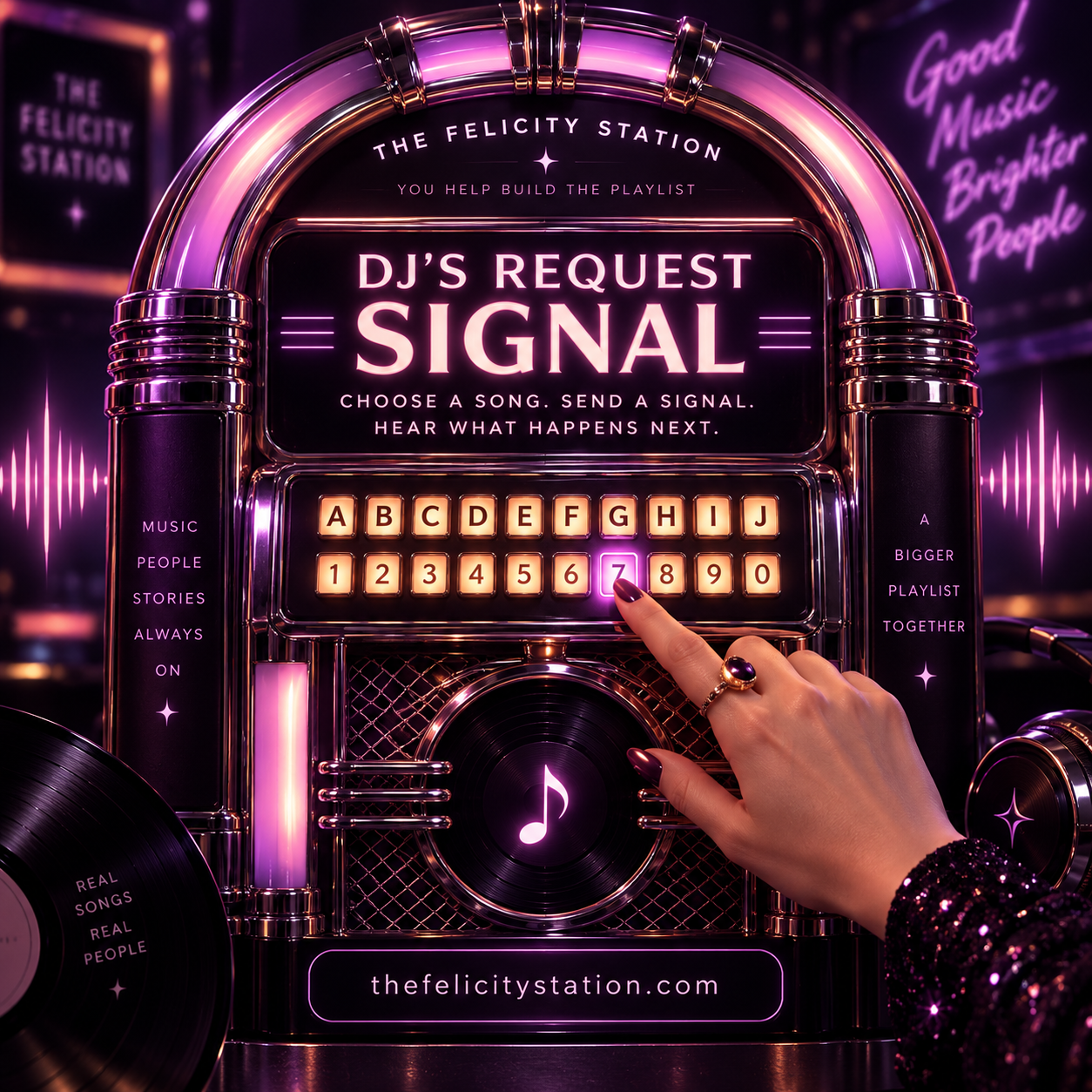DJ's Request Signal — retro Felicity Station jukebox with a hand choosing a song