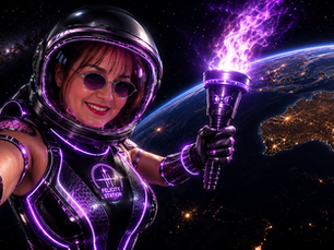 Felicity Space Girl takes a selfie in orbit while holding a glowing purple torch, with Australia illuminated at night on Earth behind her.