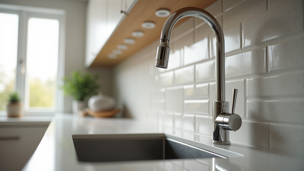 Close-up view of kitchen countertop with tile backsplash and modern faucet