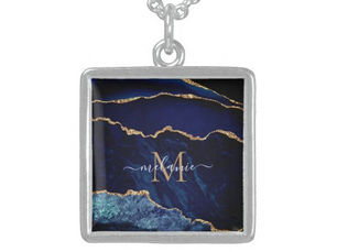 Top 10! Agate Navy Blue Gold Gemstone Marble Custom Name Sterling Silver Necklace