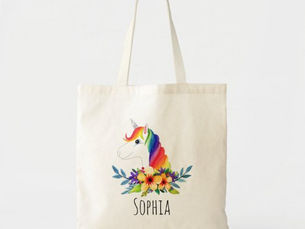 Top 10! Girls Magical Rainbow Unicorn and Name Kids Tote Bag