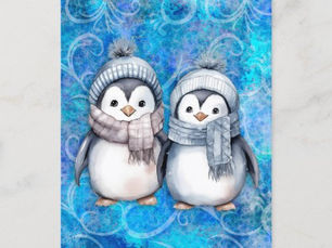 Top 5! Winter Blue Watercolor Penguins Scarves Hats Postcard