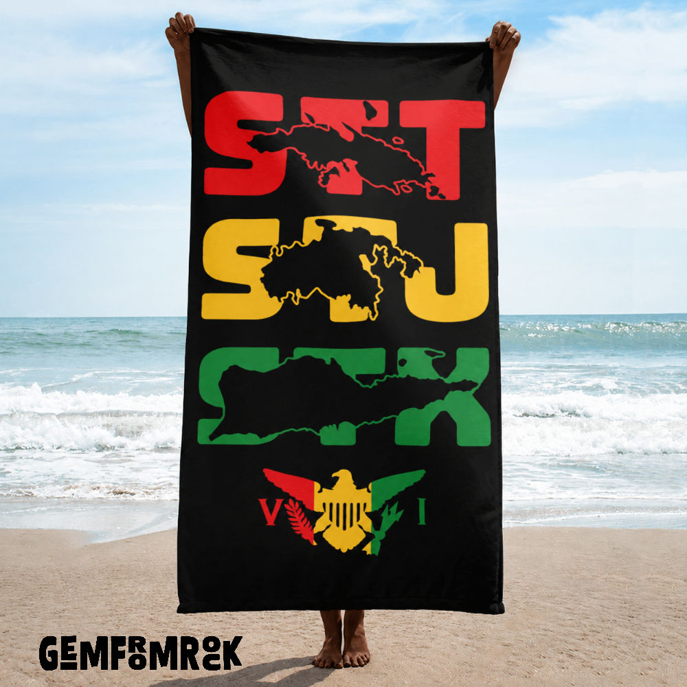 STT STJ STX USVI, Rasta, Black Beach Towel