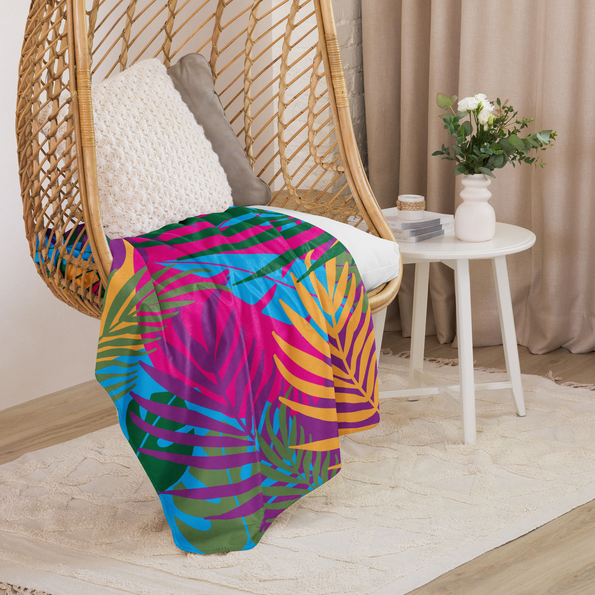 Colorful Tropical Leaves Sherpa Blanket