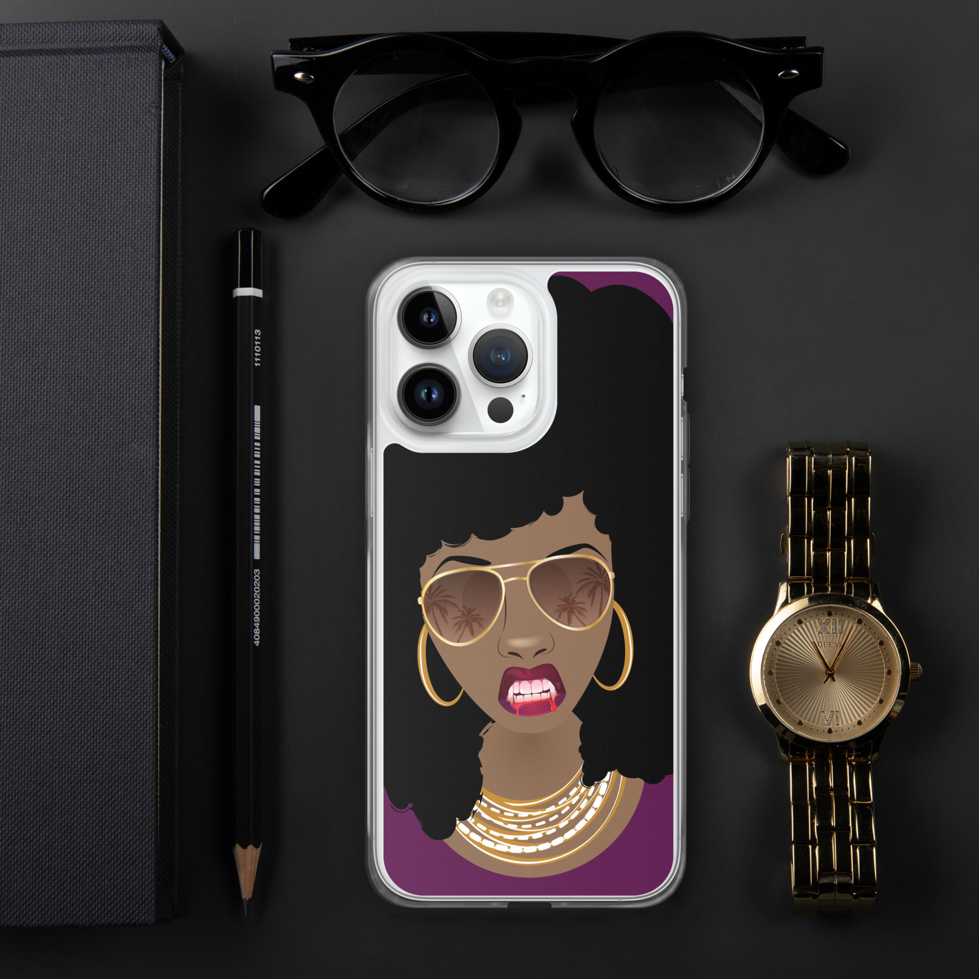Black Woman with Vampire Teeth Dripping Blood with Gold Shades Case for iPhone®