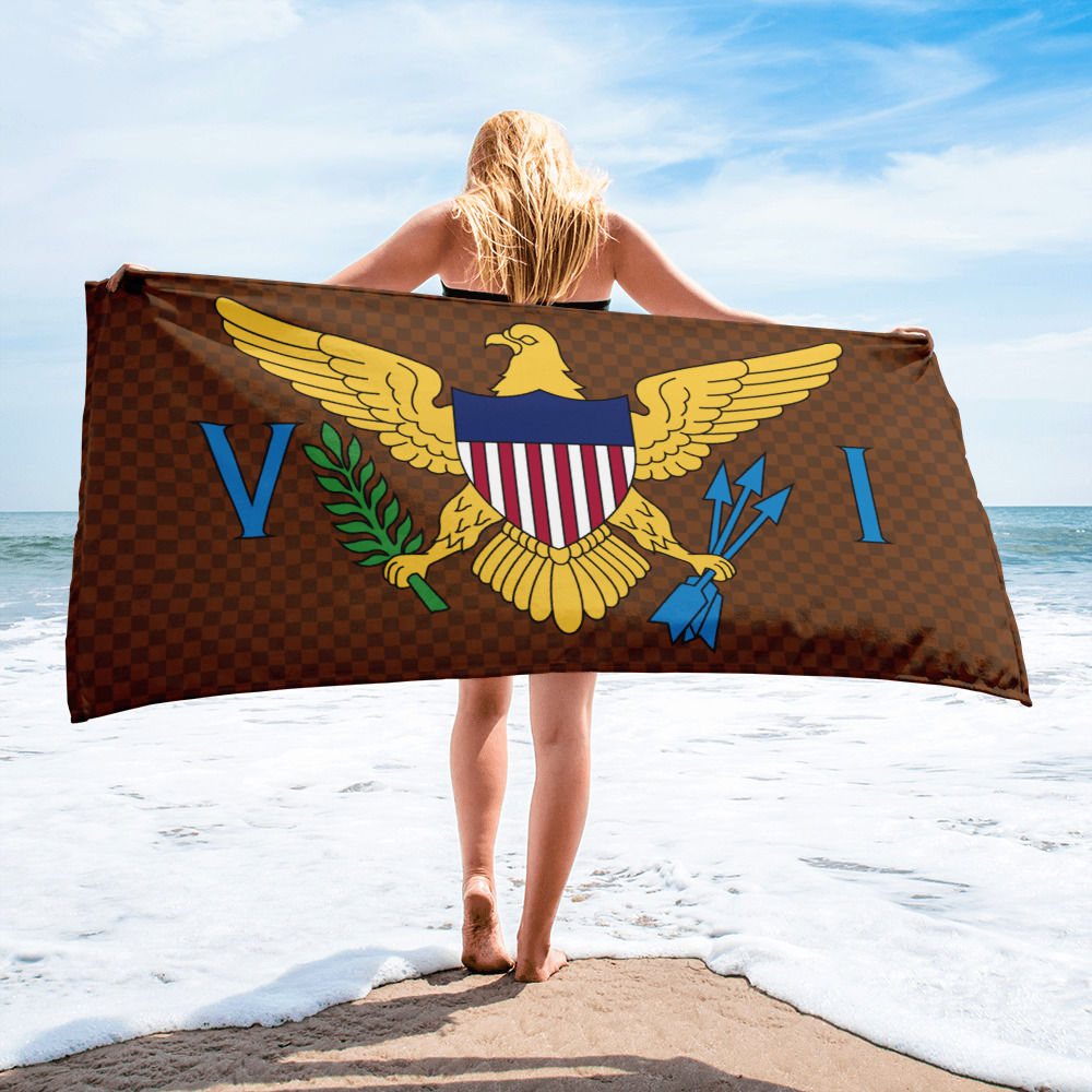 USVI Flag Brown Checkered Beach Towel