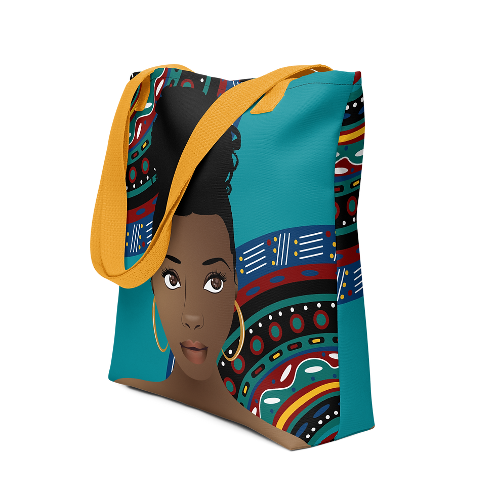 Thumbnail: Black Woman, Top Knot, Tribal Inspired, Teal Tote Bag