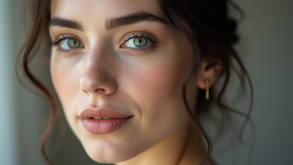 Close-up view of a woman with beautifully defined eyebrows and subtle lip color