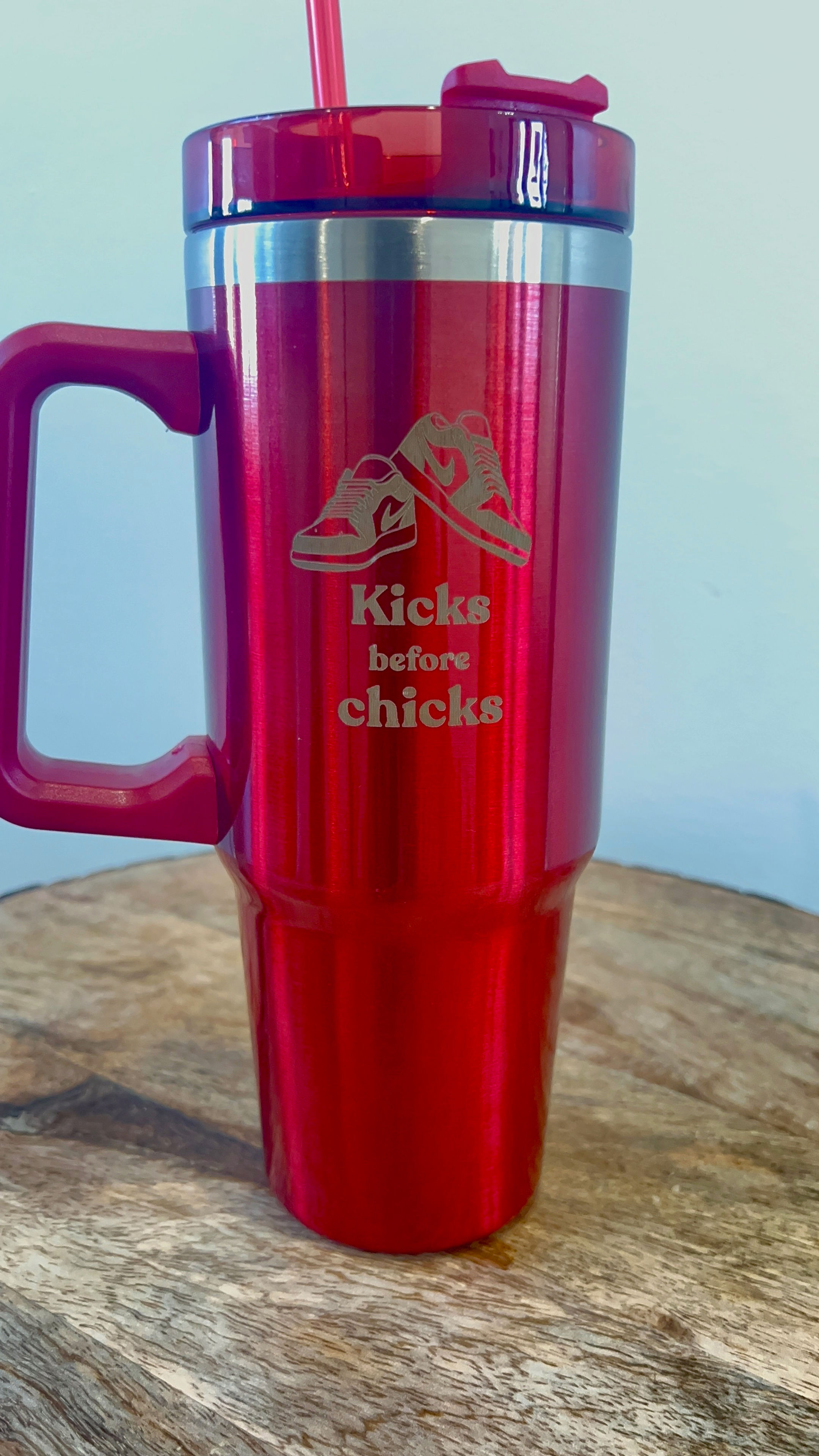 Red Tumbler with Engraved Kicks