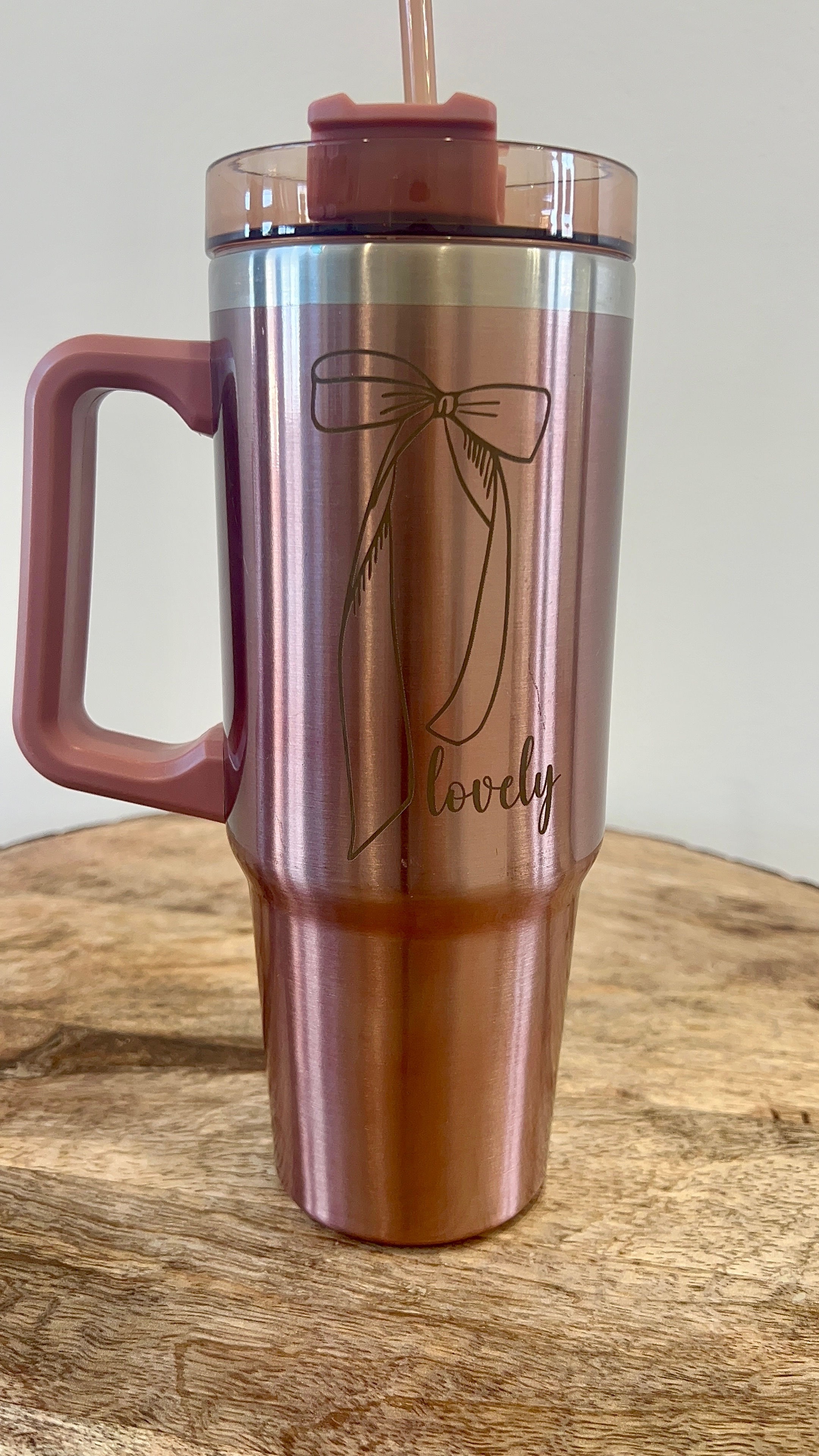 Rose Gold Tumbler with Engraved Lovely Bow