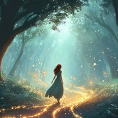 Eine Frau in einem fließenden Kleid geht verträumt auf einem leuchtenden, goldenen Pfad durch einen mystischen, blaugrün schimmernden Wald. Lichtpartikel tanzen in der Luft, während das Sonnenlicht magisch durch die hohen Bäume fällt – eine Szene voller Zauber, Intuition und innerer Führung.