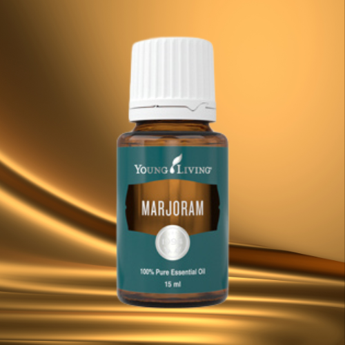 Ätherisches Öl Marjoram von Young Living – grüne Flasche auf goldenem Hintergrund, traditionelles Öl für Entspannung, Muskeln und innere Ruhe, erhältlich im Zukunfts-Impuls-Shop.