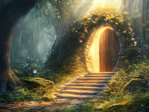Ein verwunschener Wald mit einer in einen mächtigen Baum eingelassenen Holztür, aus der goldenes Licht strömt – symbolisiert einen magischen Übergang und die Einladung, die Welt der ätherischen Öle von Young Living zu betreten.