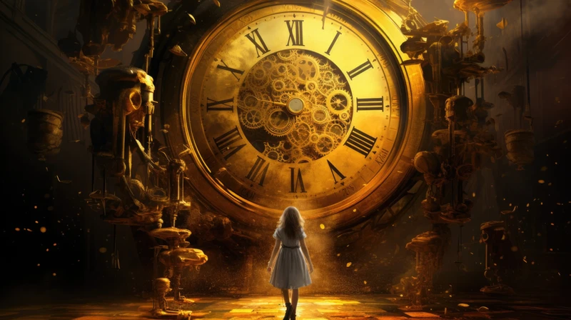 Human Design 7-Tage-Challenge – Frau vor riesiger goldener Uhr, Symbol für Transformation, neue Wege und die Reise zu sich selbst mit Zukunfts-Impuls