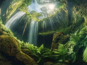 Mystische Regenwaldszene mit üppigem grünen Farn, moosbedeckten Felsen und sanft herabfallenden Wasserfällen – symbolisiert die natürliche Herkunft und heilende Kraft des ätherischen Copaiba-Öls von Young Living. Ideal für ganzheitliche Regeneration, innere Ruhe und bewusste Erdung – Thema im Blogartikel „Copaiba – das sanfte Gold des Regenwaldes | Zukunfts-Impuls Shop